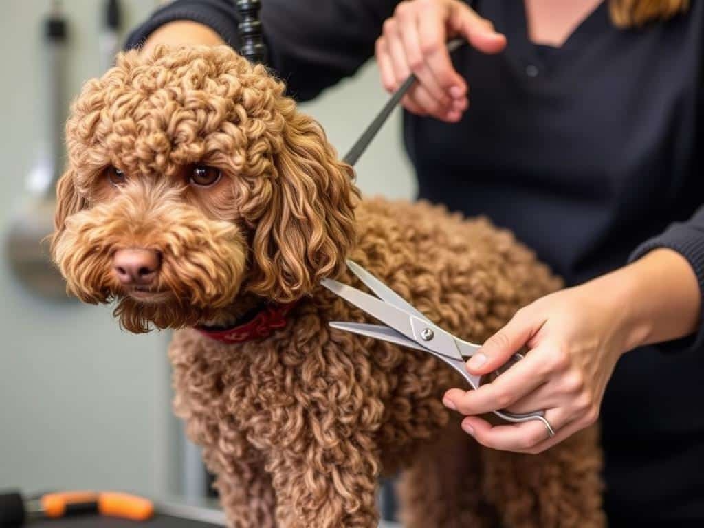 Fellpflege beim italienischen wasserhund, zeigt eine trimmbehandlung