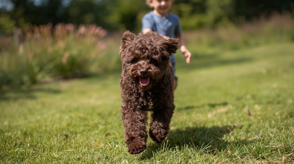 Blije hond rent door de groene weide op woefkesranch.