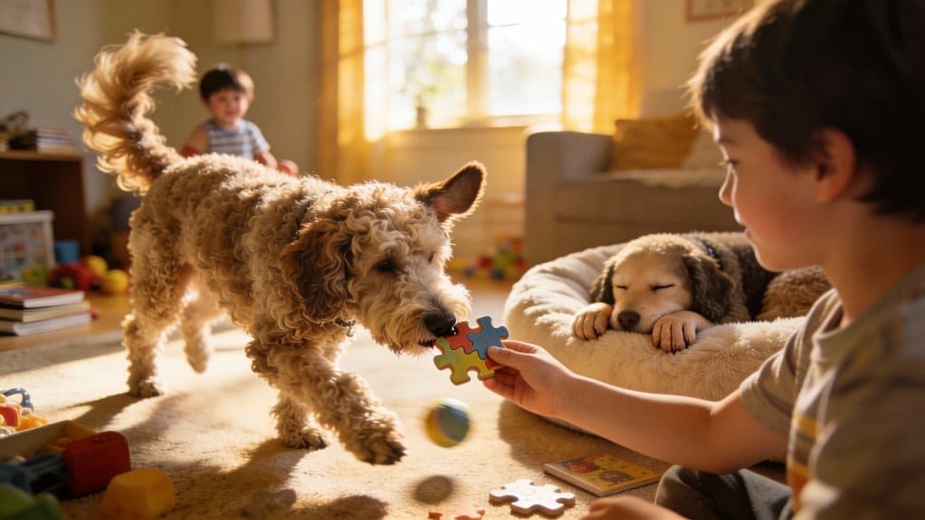 Kind speelt met hond en puppy in gezellige woonkamer.