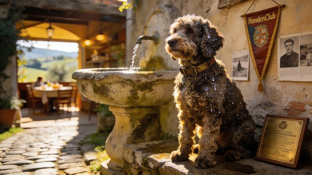 Hond op terras bij woefkesranch met waterfontein en foto's.
