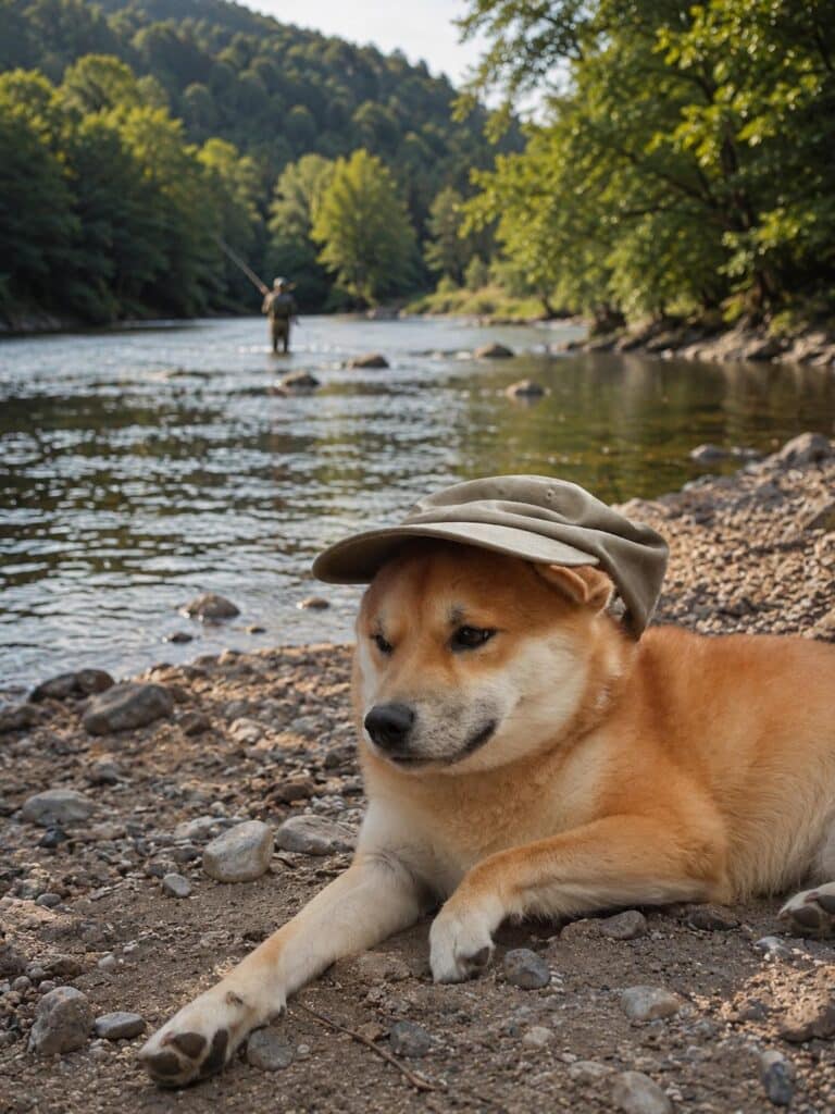 Shiba inu puppy met hoedje rust op de rivierbank in de natuur.